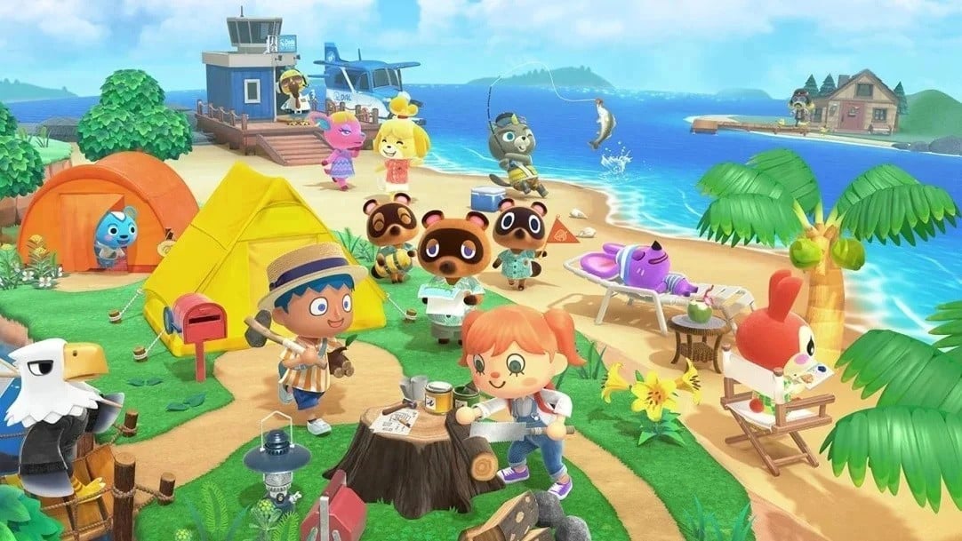 Animal Crossing: New Horizons artwork with villagers gathered outdoors