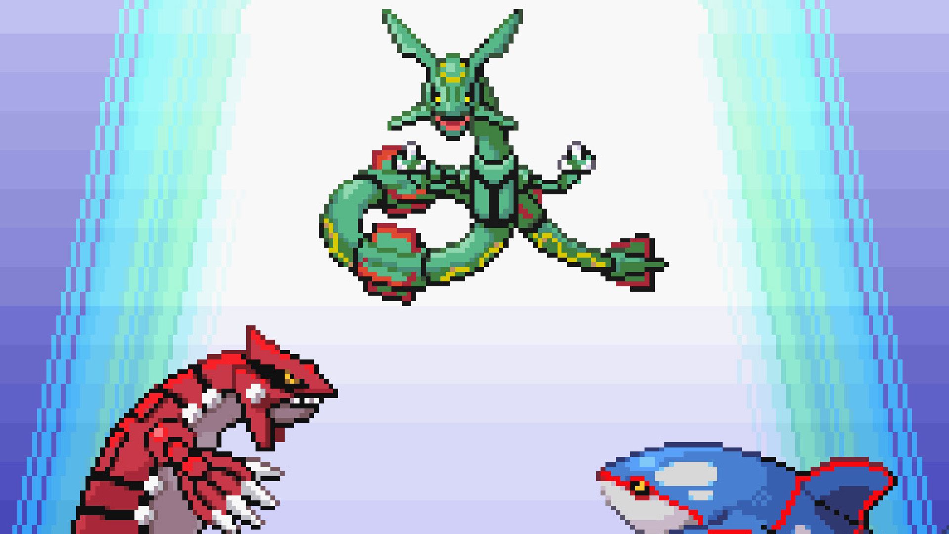 Groudon, Kyogre, and Raquaza face off in the opening scene - from Pokemon Ruby, Sapphire, and Emerald's entry in The Story of Pokemon bookazine