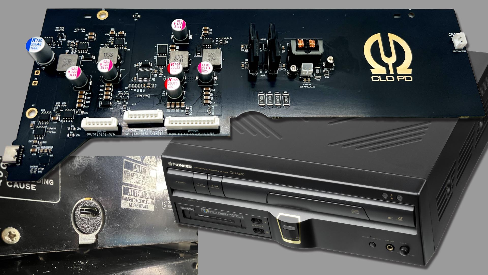 A Pioneer LaserActive console setup with a modern replacement power solution.