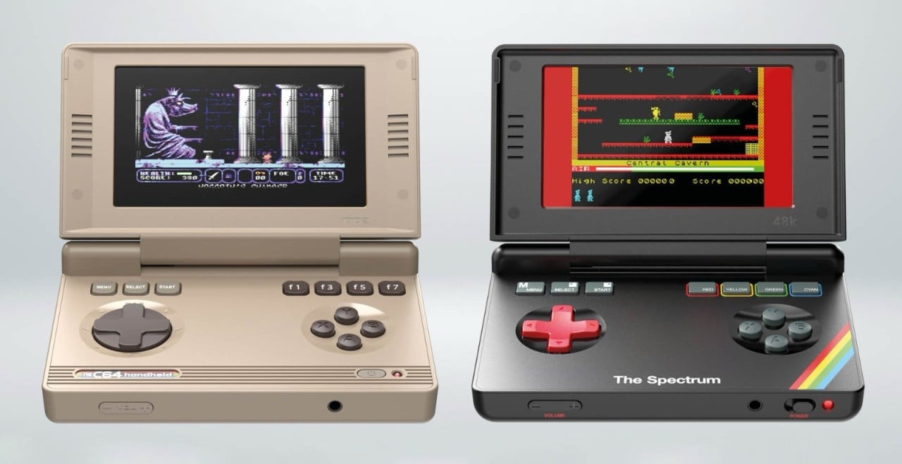 Two retro-inspired clamshell handheld gaming devices based on the Commodore 64 and ZX Spectrum