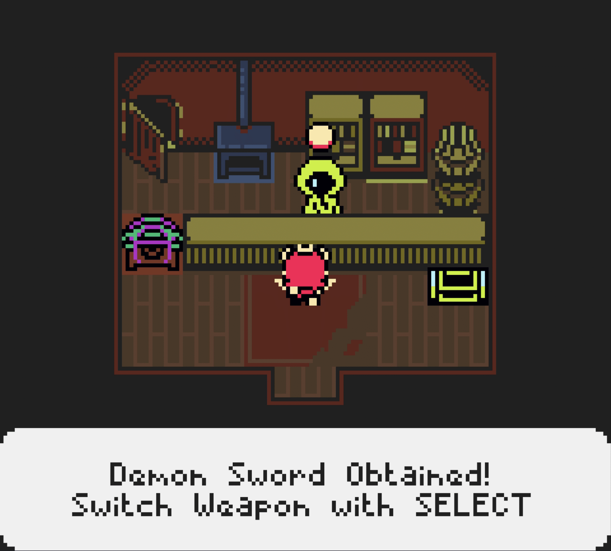 shop interior with NPC and "Demon Sword Obtained" text.