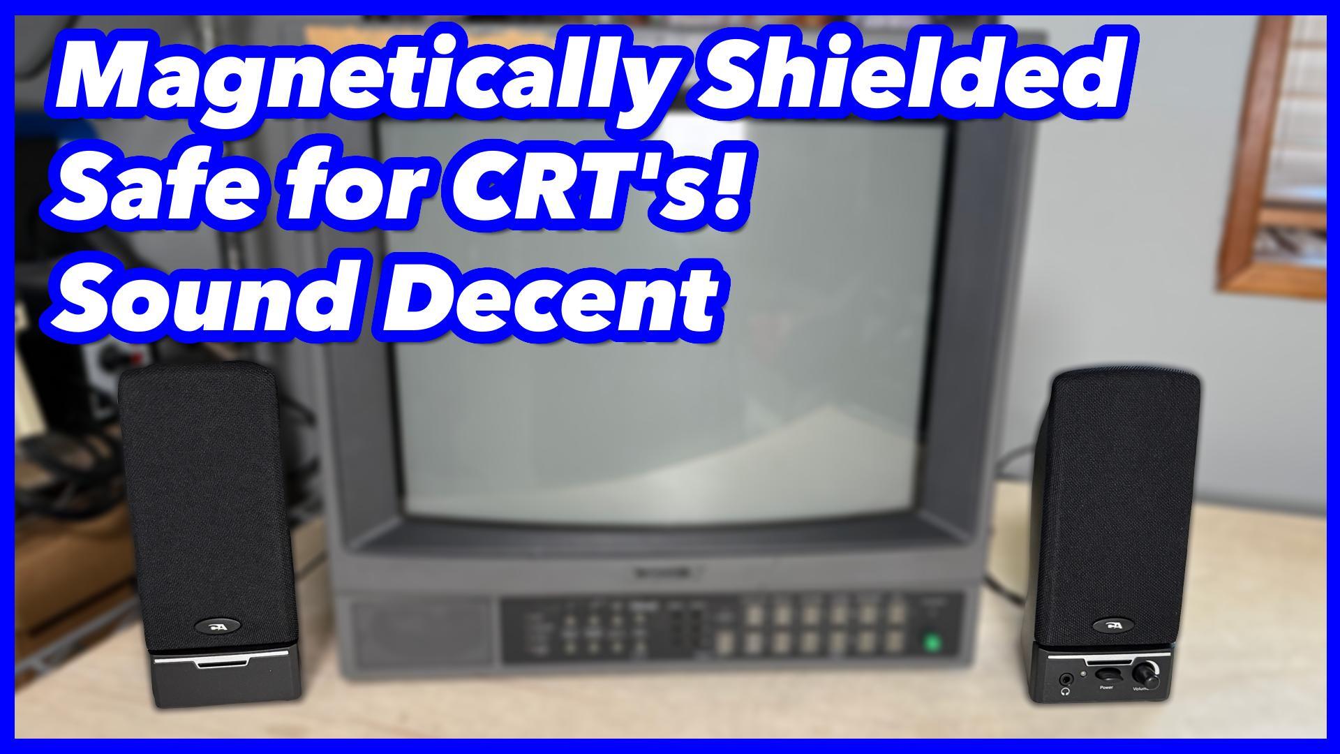 Cyber Acoustics CA-2014 speakers beside a CRT retro gaming setup
