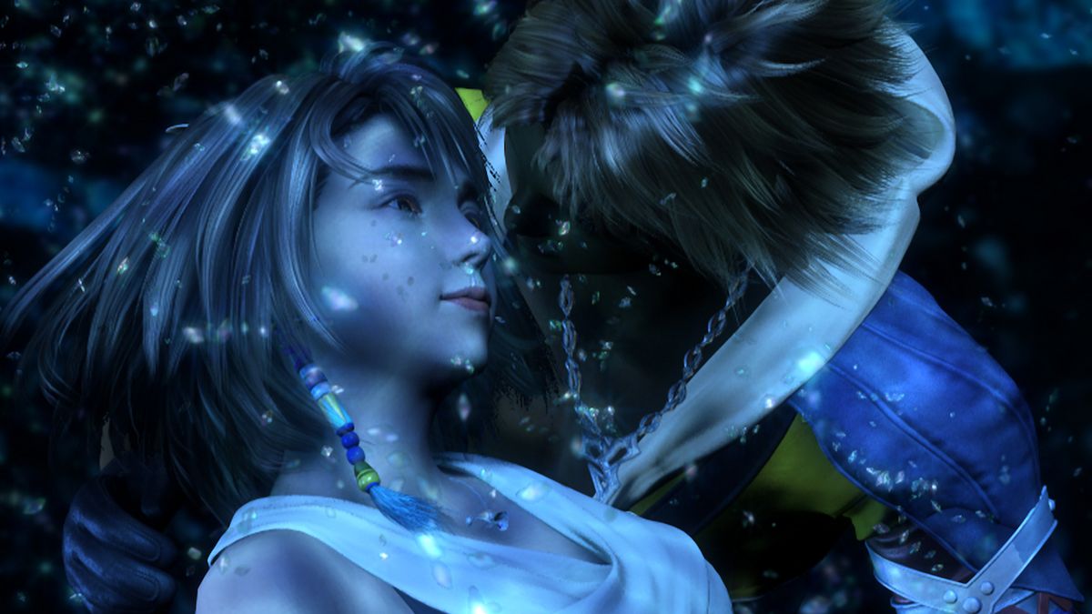 Final Fantasy 10 artwork showing Tidus and Yuna in a dramatic fantasy scene.