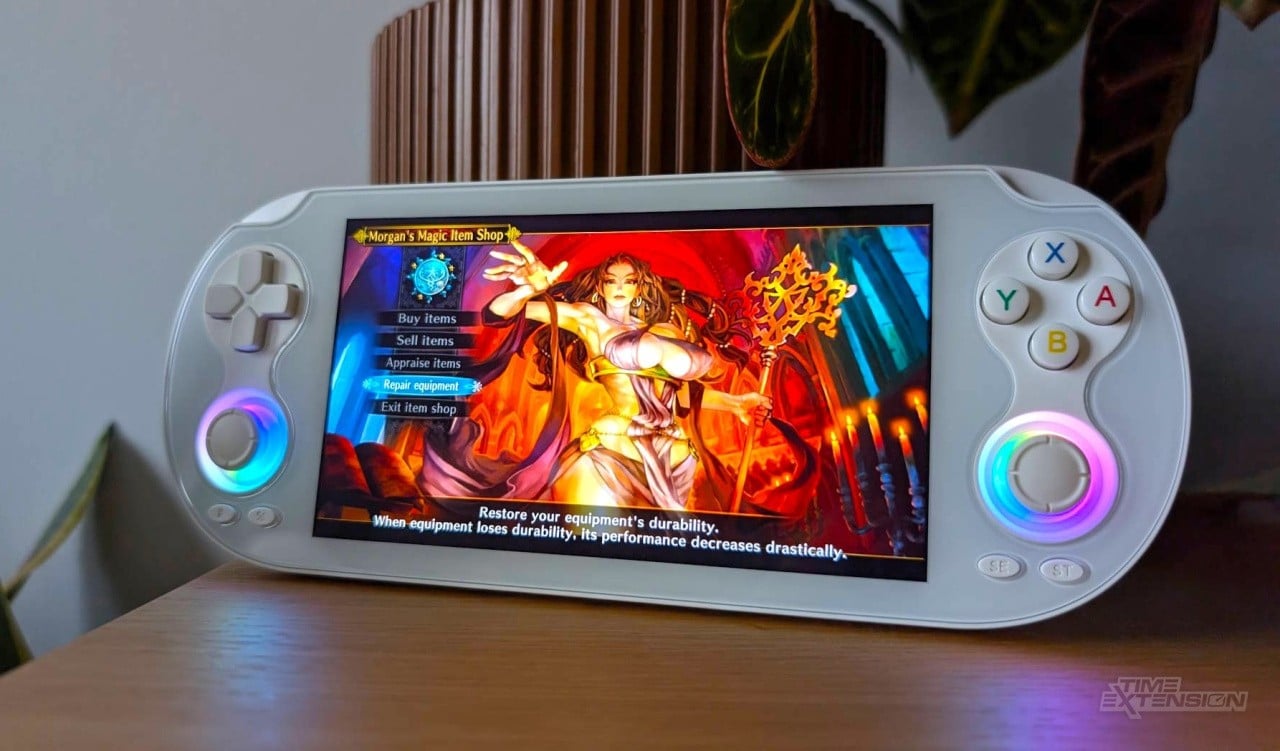 Anbernic RG Vita Pro handheld with an all-glass front and a PlayStation Vita-inspired shape.