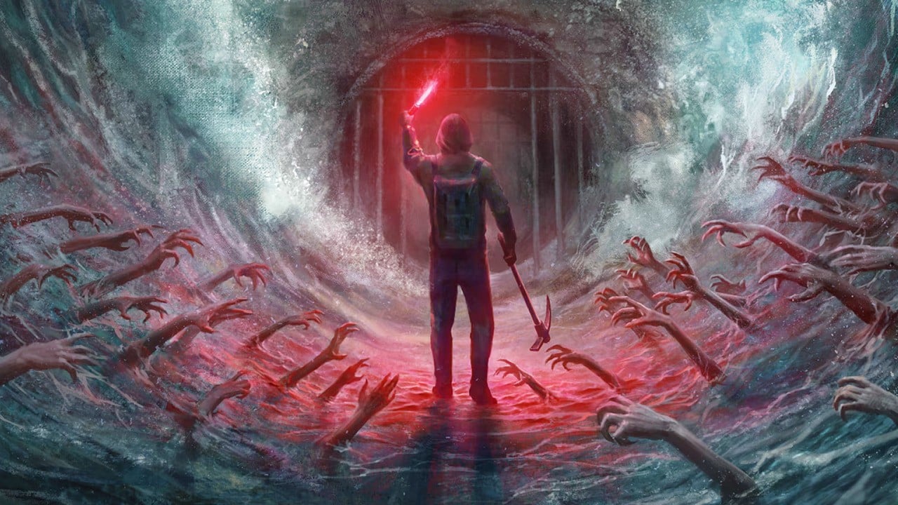 A dark survival horror scene from Total Chaos showing the ruined island setting of Fort Oasis.