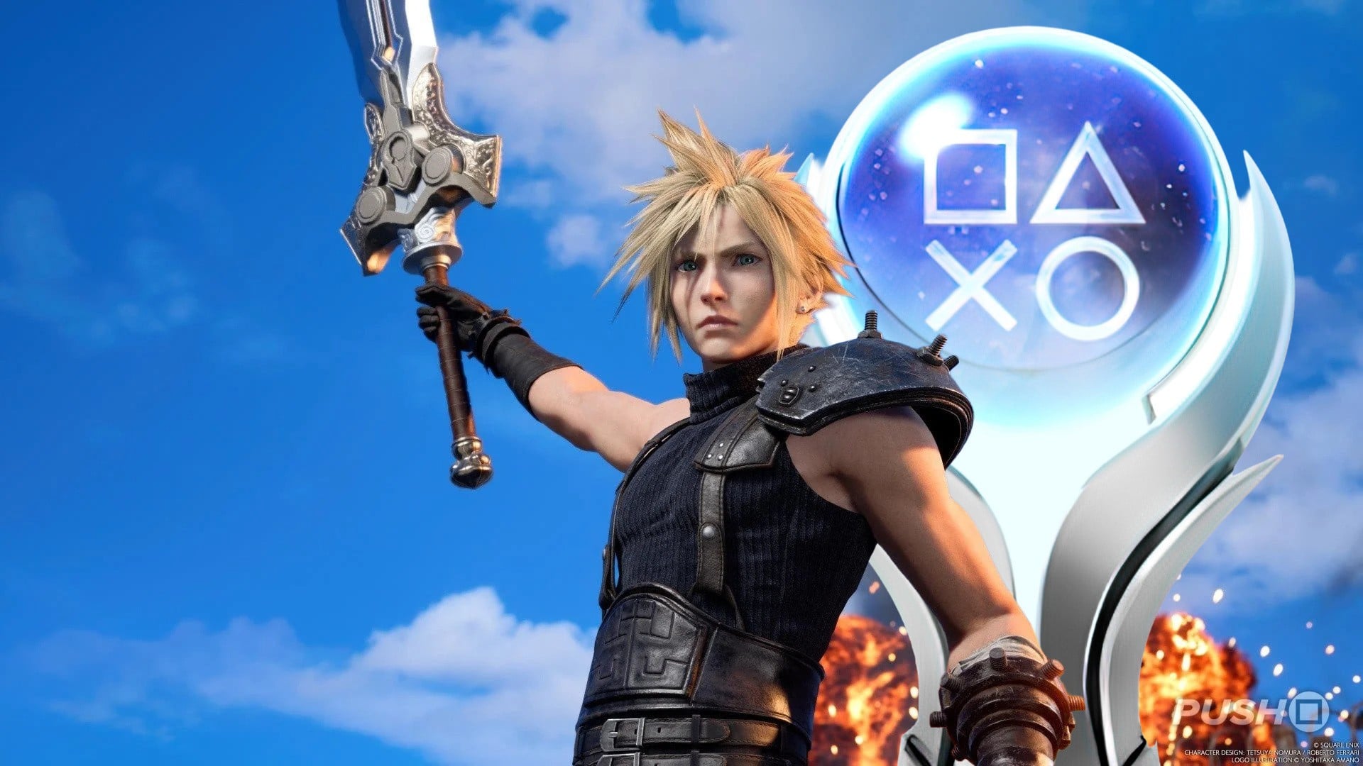 Cloud and party members from Final Fantasy 7 Rebirth standing in a bright fantasy landscape