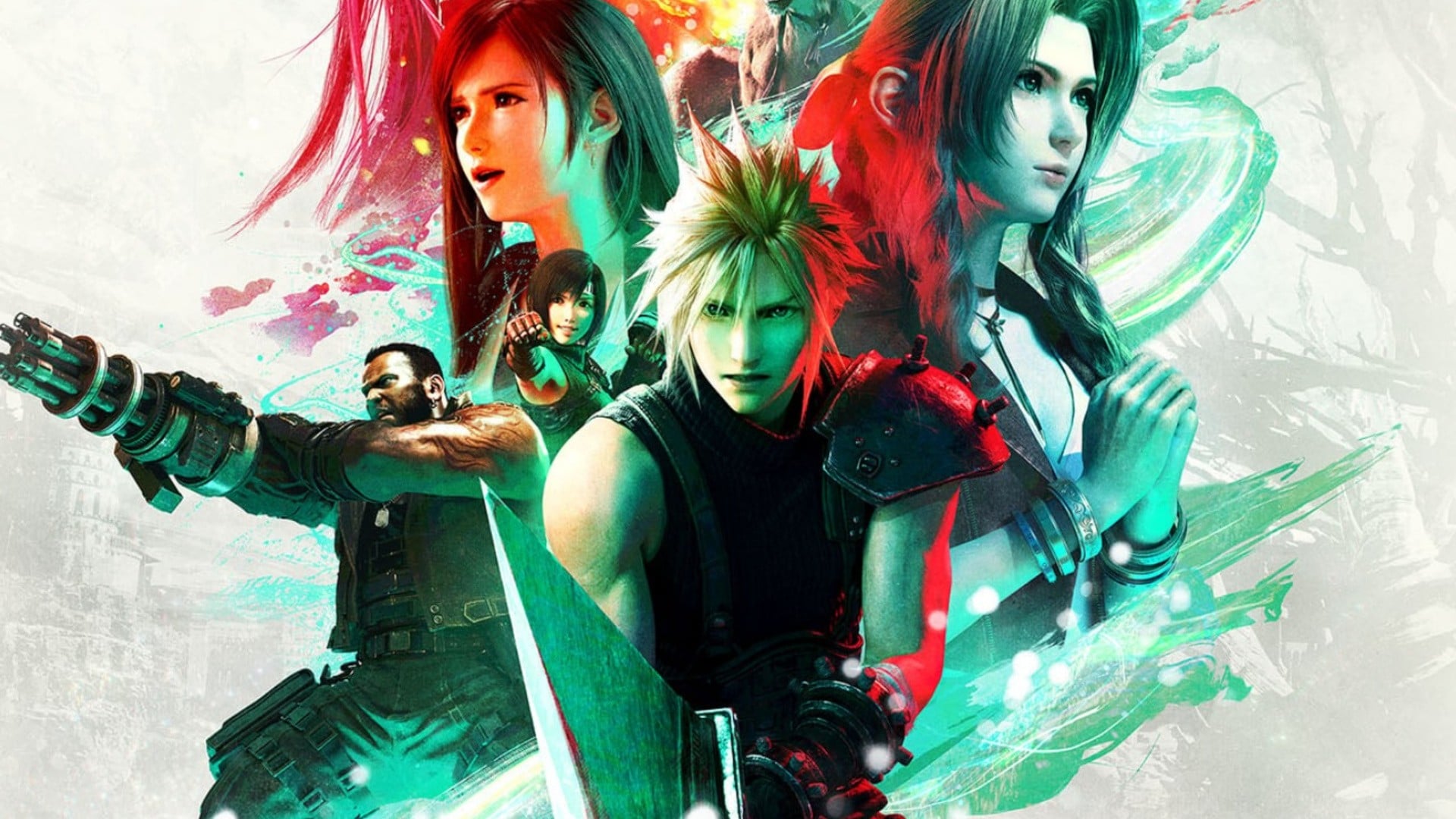 Cloud Strife from Final Fantasy 7 Remake with a moody retro PlayStation-style backdrop