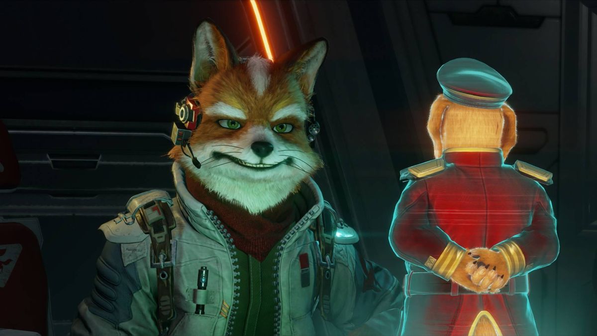 Fox McCloud from Nintendo's Star Fox series in a space pilot scene.