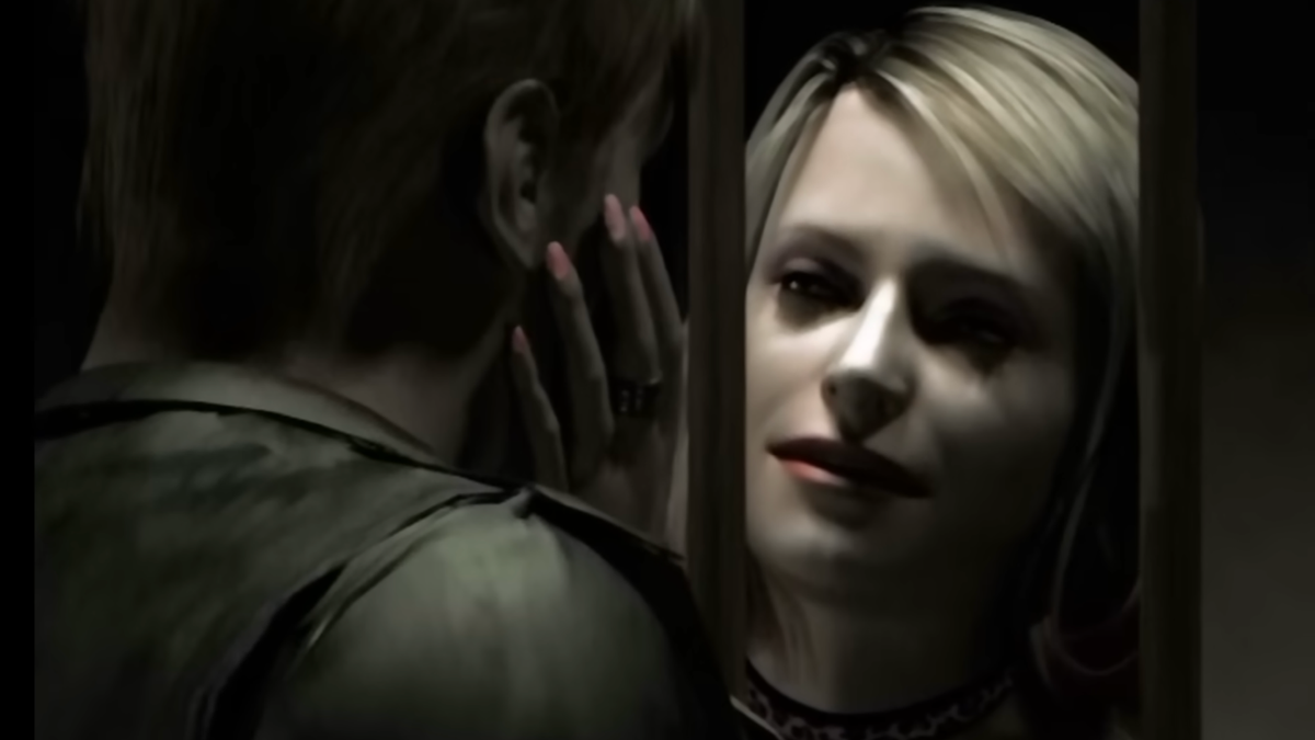 A moody retro-style Silent Hill 2 inspired scene with a nurse silhouette in fog