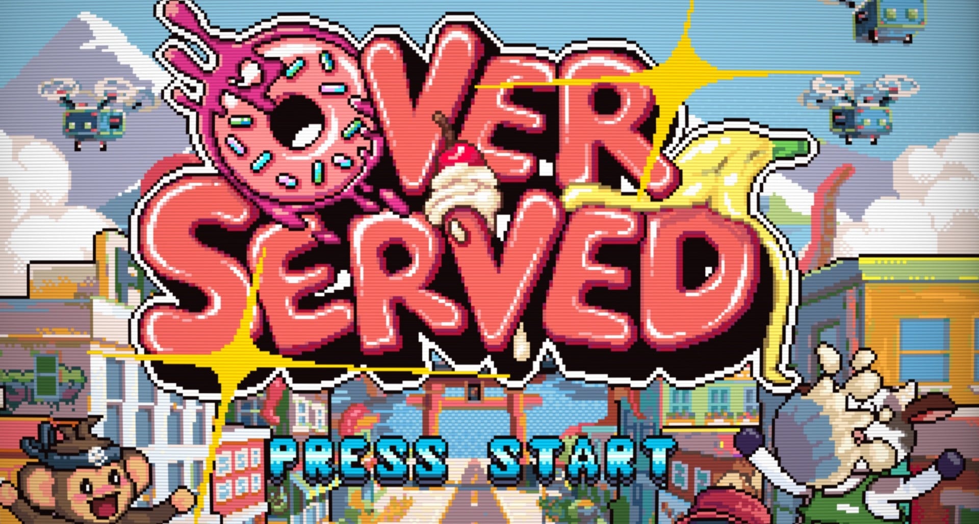 Pixel art style party game scene representing Overserved: Food Fighters on retro consoles