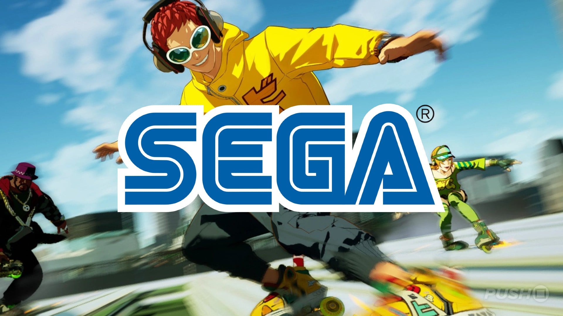 SEGA logo with retro game artwork style in the background