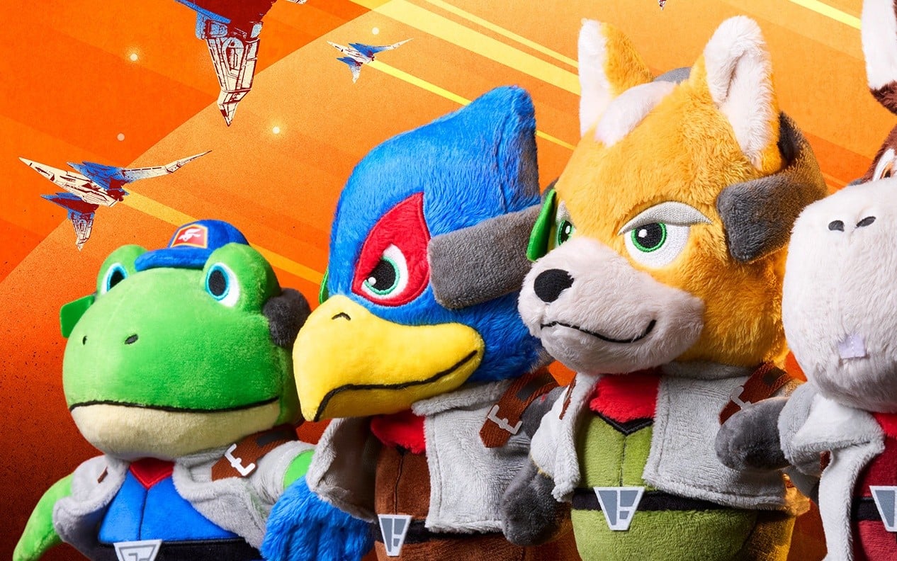 Star Fox plush toys featuring Fox McCloud, Falco Lombardi, Peppy Hare, and Slippy Toad.