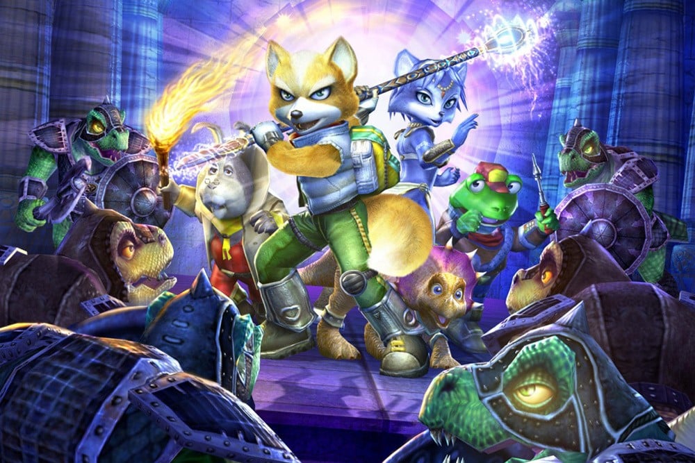 Fox McCloud standing in a lush GameCube-era adventure setting inspired by Star Fox Adventures