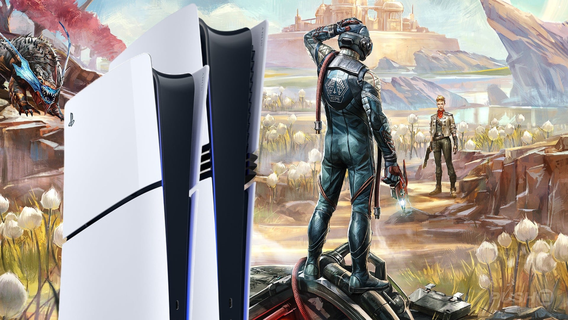Key art for The Outer Worlds with its sci-fi characters and retro-future style.