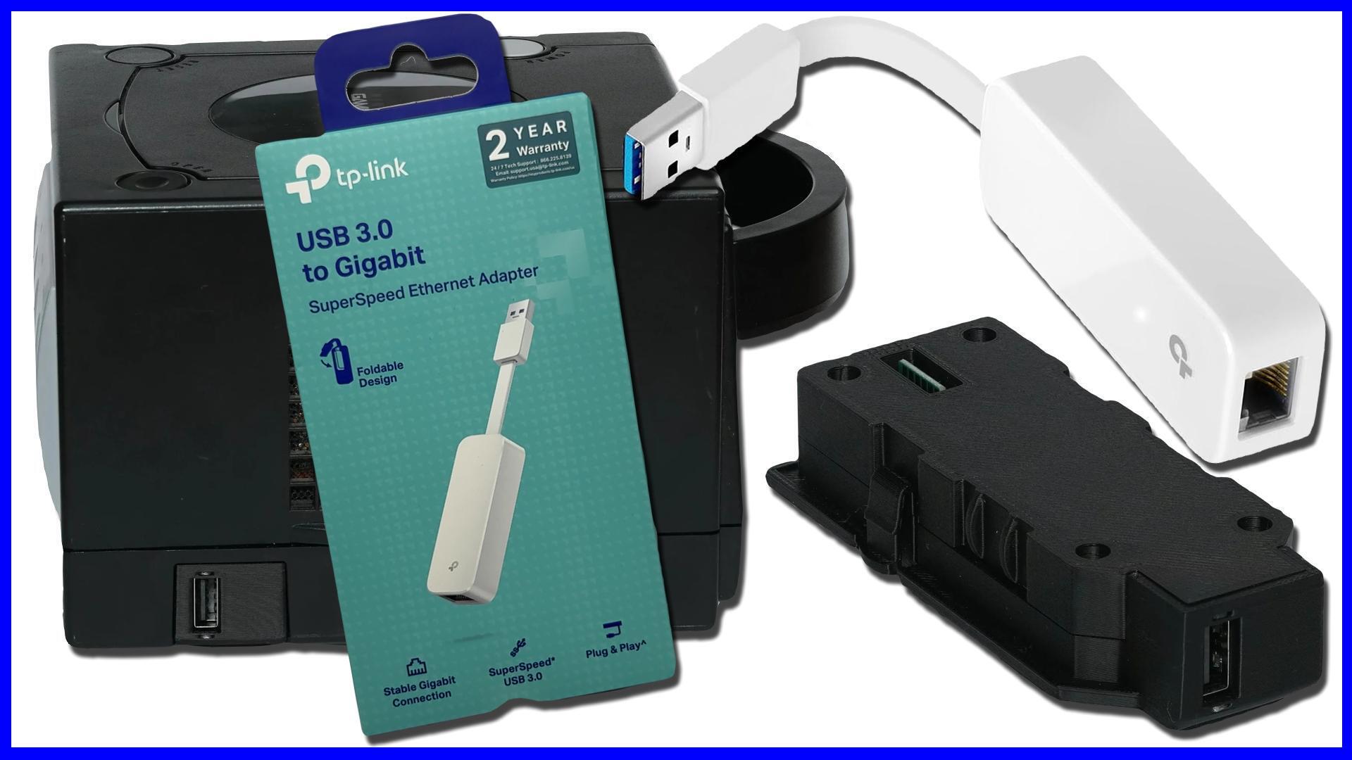 USB Ethernet adapter and angled USB extension cable for a GameCube USB Dolphin setup