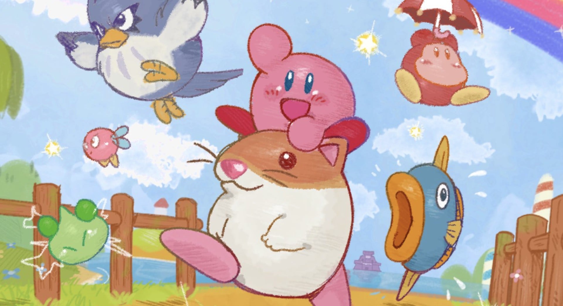 Kirby floating through a retro Game Boy-inspired scene
