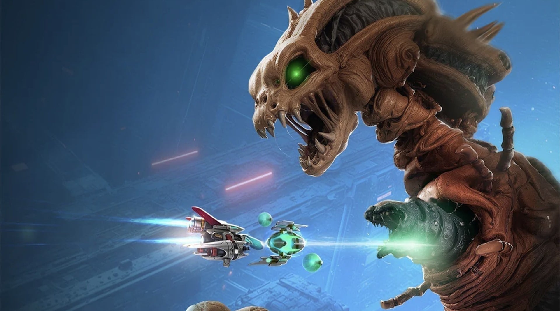 R-Type Dimensions III artwork showing a retro sci-fi shoot-'em-up spacecraft scene